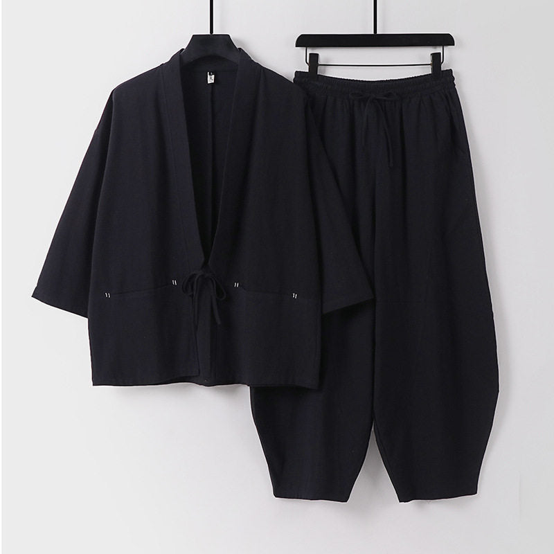 Unisex Modernes Kimono-Lounge-Set aus weichem Baumwollmix mit Kurzjacke, Tunnelzug-Hose und gerafften Knöcheln Shop Nory