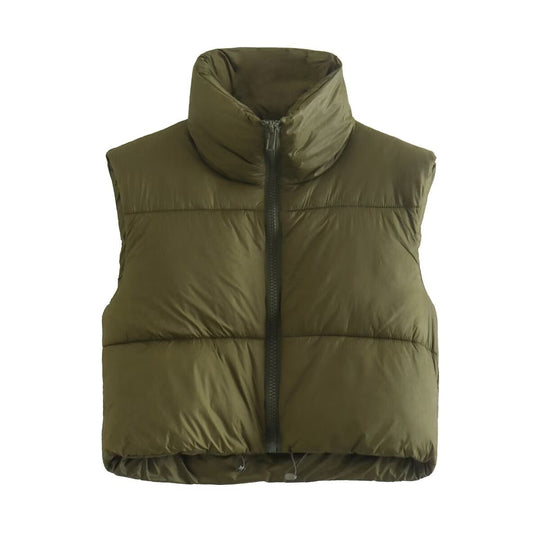 Damen cropped Daunenweste mit hohem Kragen und praktischen Taschen