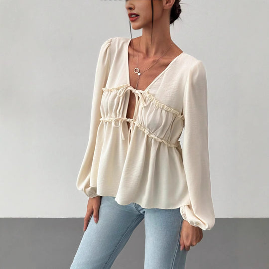 Damen Babydoll-Blusentop mit doppeltem Bindesystem und Ballonärmeln Shop Nory
