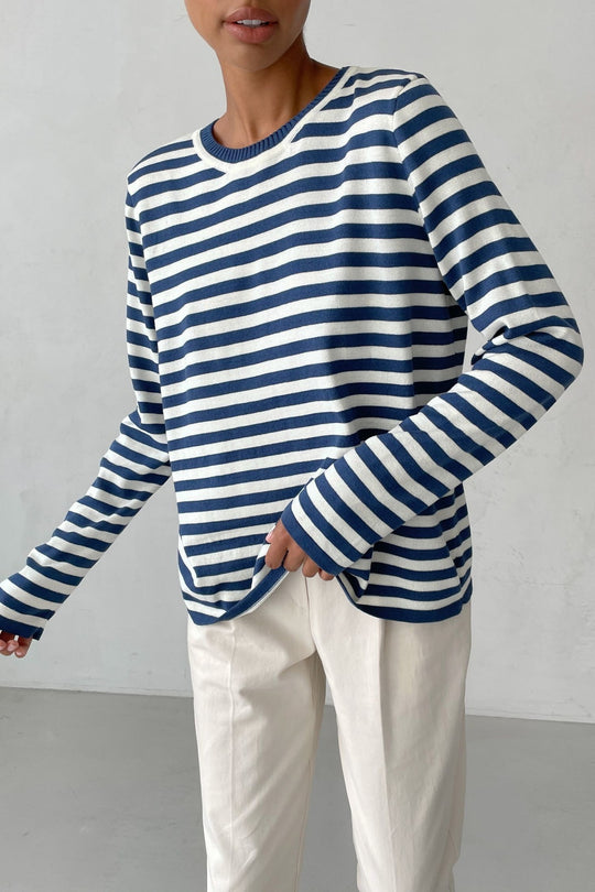 Damen nan gestreifter Baumwollpullover mit Rundhals und legerer Passform Shop Nory