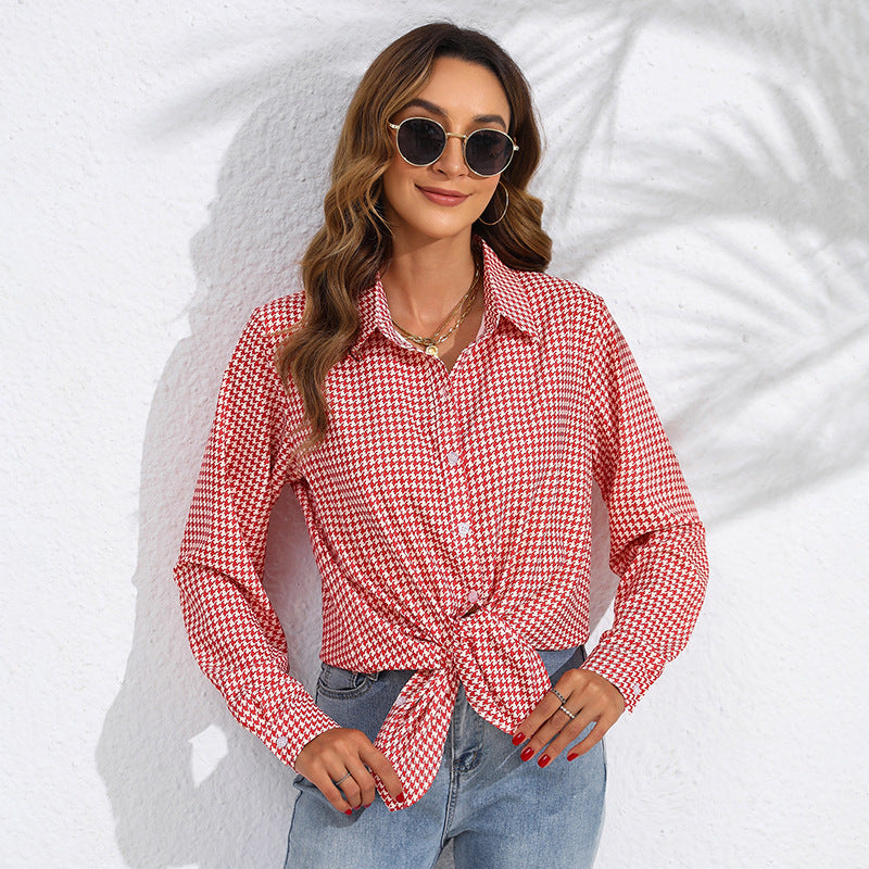 Damen nan geknotete Hahnentritt-Bluse mit Hemdkragen und durchgehender Knopfleiste Shop Nory