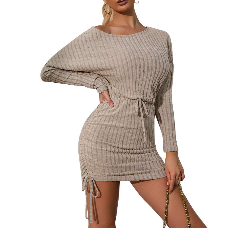 Damen Geripptes Minikleid mit Tunnelzug-Taillenband und seitlicher Kordelraffung Shop Nory