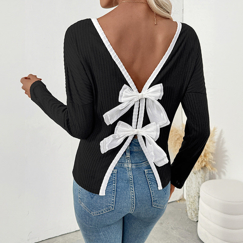 Damen Rückfreies Rippstrick-Longsleeve mit Zierschleifen Shop Nory