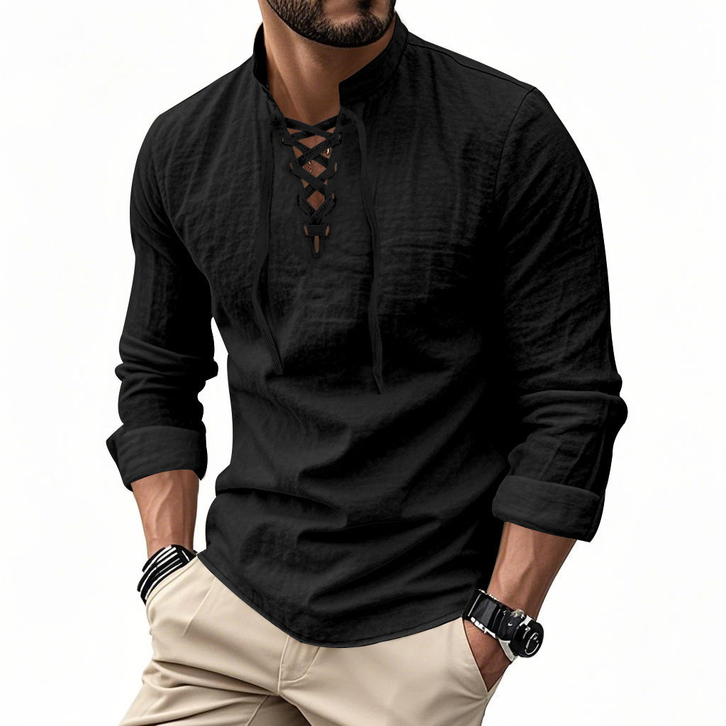 Herren nan Leinenoptik Langarmshirt mit Schnürung V-Ausschnitt und Stehkragen Shop Nory