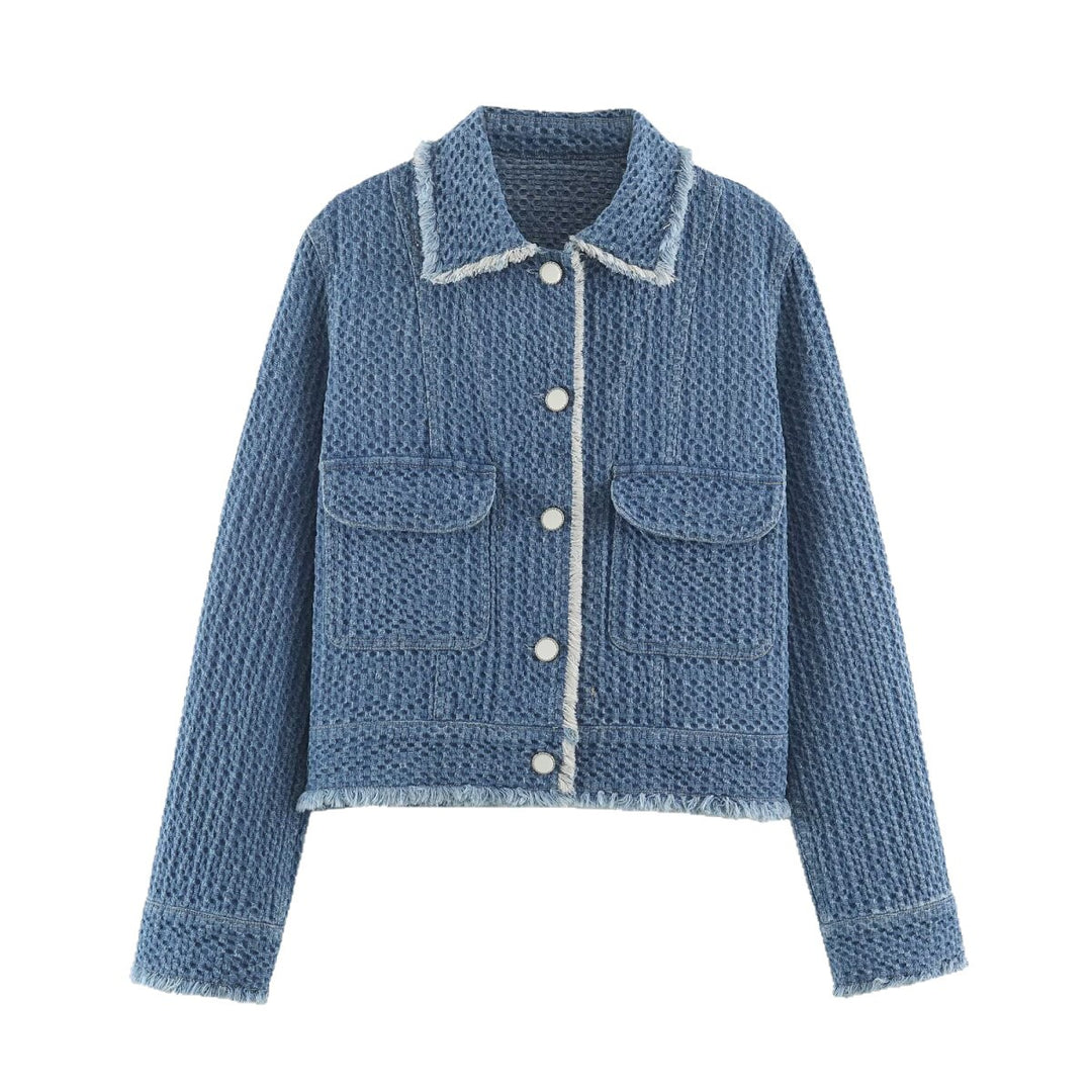 Damen strukturierte Kurzjacke aus Bouclé-Denim mit Fransensaum Shop Nory