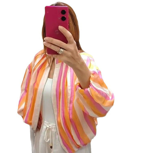 Damen Gestreifte Bomberjacke mit Ballonärmeln und kurzem Cropped-Schnitt Shop Nory