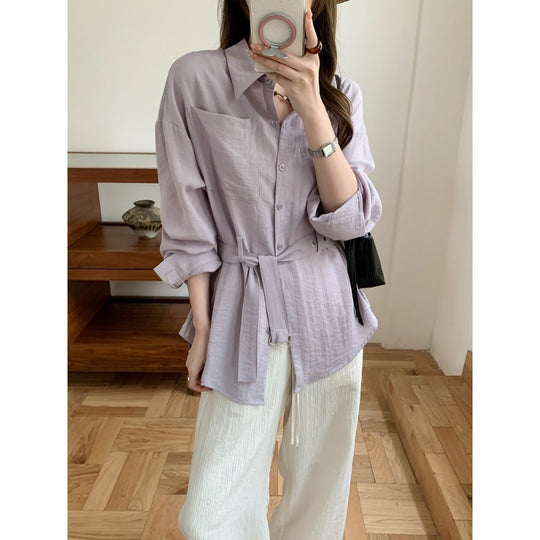 Damen Weit geschnittene Leinen‑Hemdbluse mit Taillengürtel und Brusttasche Shop Nory