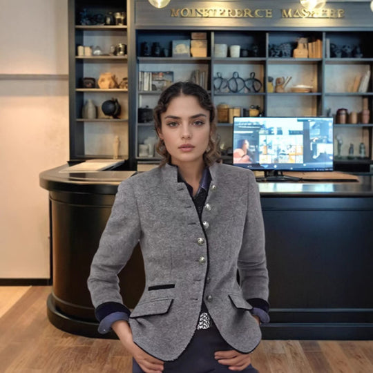 Damen Kurzblazer mit Stehkragen und Samtbesatz Shop Nory
