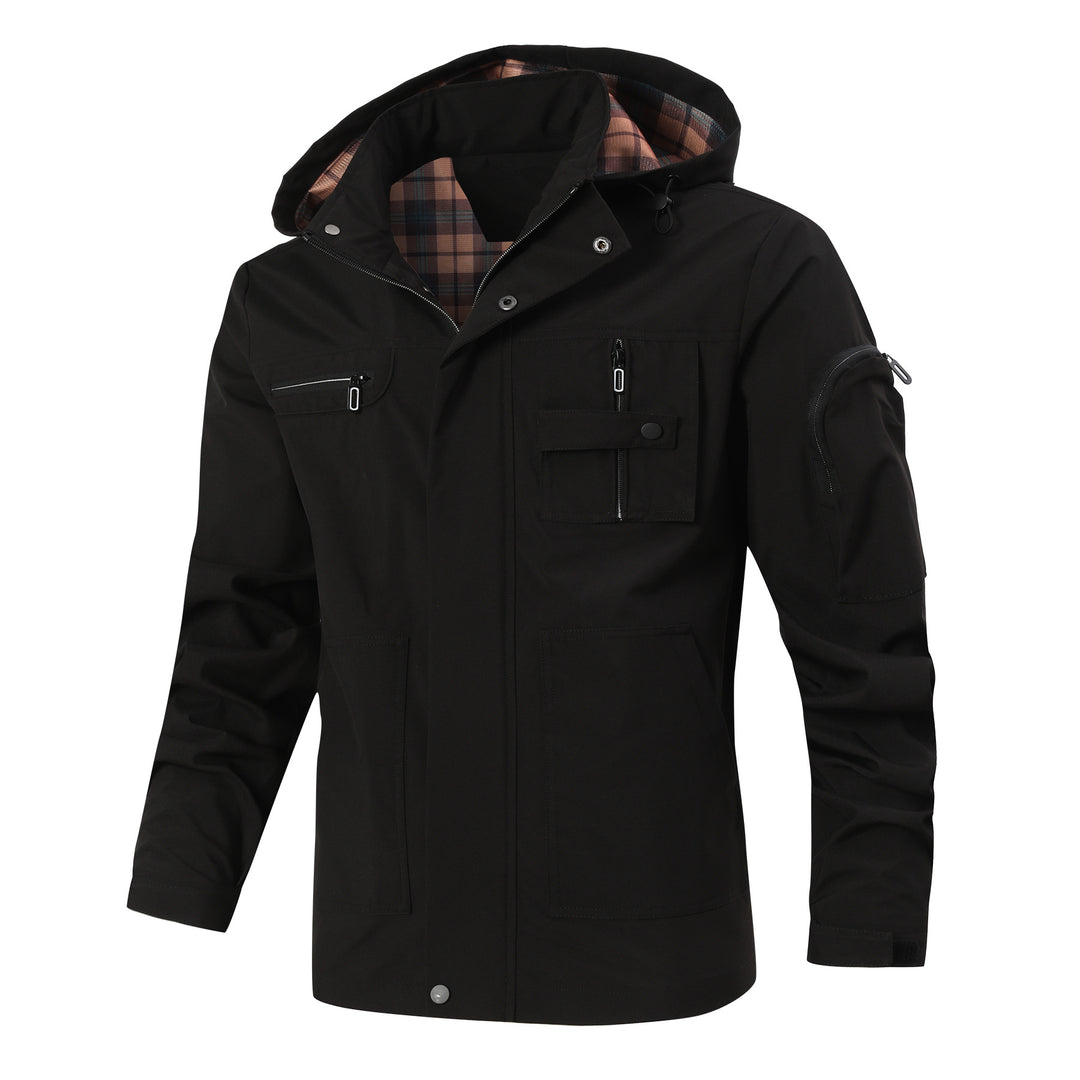 Herren Outdoor-Parka mit karierter Innenfütterung, Kapuze und Multifunktionstaschen Shop Nory