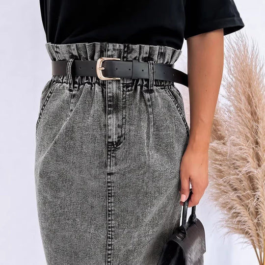 Damen Hochtaillierter Paperbag-Denim-Midirock mit Frontschlitz und Bindegürtel Shop Nory