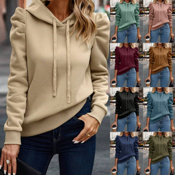 Damen Kapuzenpullover mit gerafften Puffärmeln und Kordelzug Shop Nory