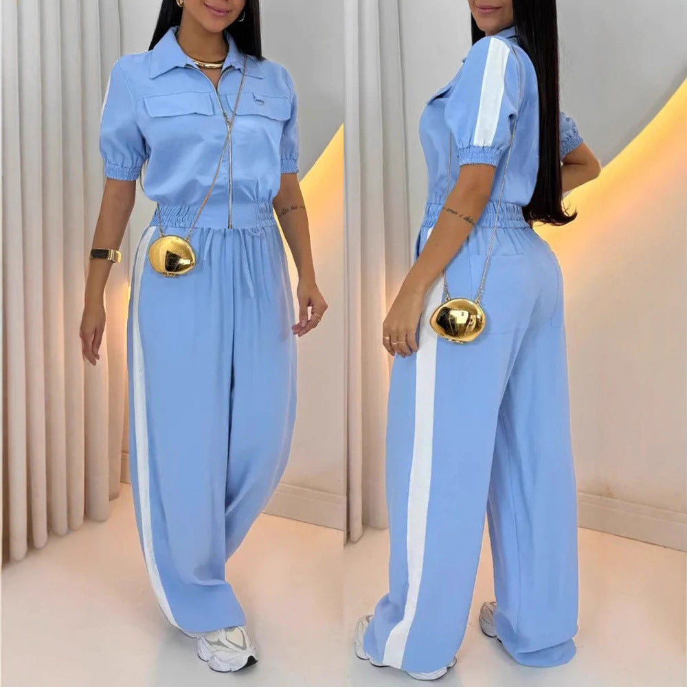 Damen Lässiger Zweiteiler-Jumpsuit mit Reißverschluss, kurzem Arm und weitem Palazzohosenbein Shop Nory