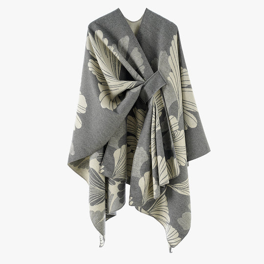 Damen Oversize-Jacquard-Cape aus Wollmix mit floralem Jacquard und Frontschlaufe Shop Nory