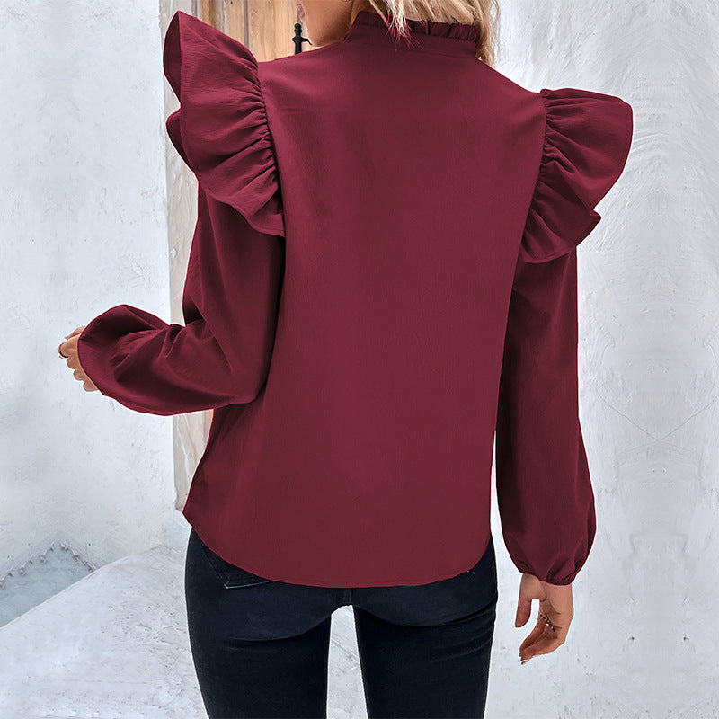 Damen Romantische Rüschenbluse mit Stehkragen, V‑Ausschnitt und Ballonärmeln Shop Nory