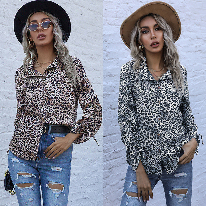 Damen Viskose-Hemdbluse mit Leoprint, Knotenärmeln und lockerer Silhouette Shop Nory