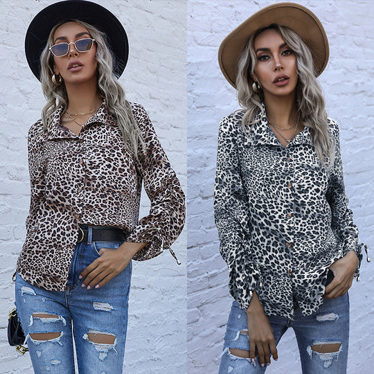 Damen Viskose-Hemdbluse mit Leoprint, Knotenärmeln und lockerer Silhouette Shop Nory