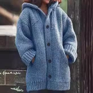 Damen weit geschnittener Kapuzen-Strickmantel mit Knopfleiste und Eingrifftaschen Shop Nory