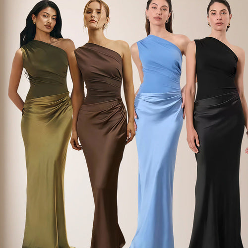 Damen Elegantes Asymmetrisches Abendkleid mit schimmerndem Satin Shopnory