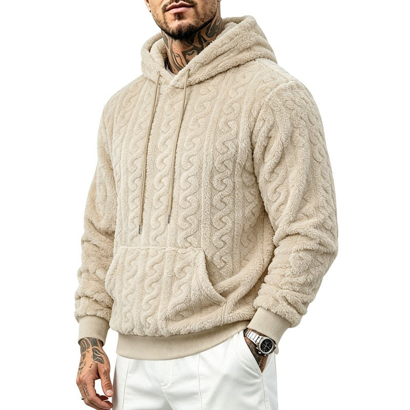 Herren kuscheliger Teddy-Fleece Kapuzenpullover mit Zopfmuster und Kängurutasche Shop Nory
