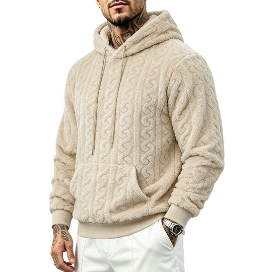 Herren kuscheliger Teddy-Fleece Kapuzenpullover mit Zopfmuster und Kängurutasche Shop Nory