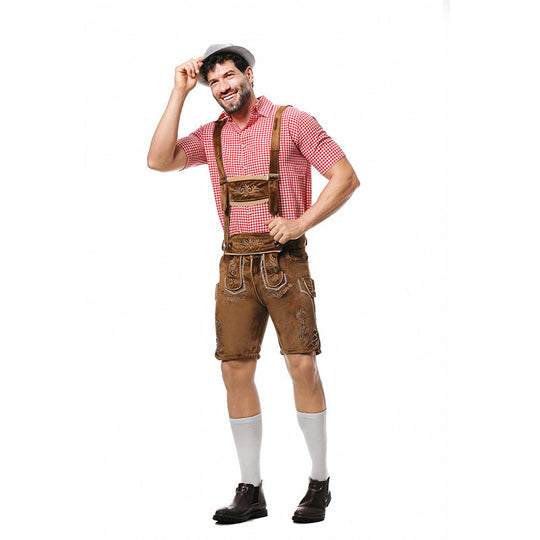 Herren nan traditionelle Trachtenlederhose mit bestickten Hosenträgern, kariertem Trachtenhemd und Filzhut Shop Nory