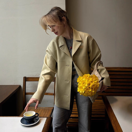 Damen Boxy Oversize Blazerjacke aus veganem Lederimitat mit überschnittener Schulter Shop Nory