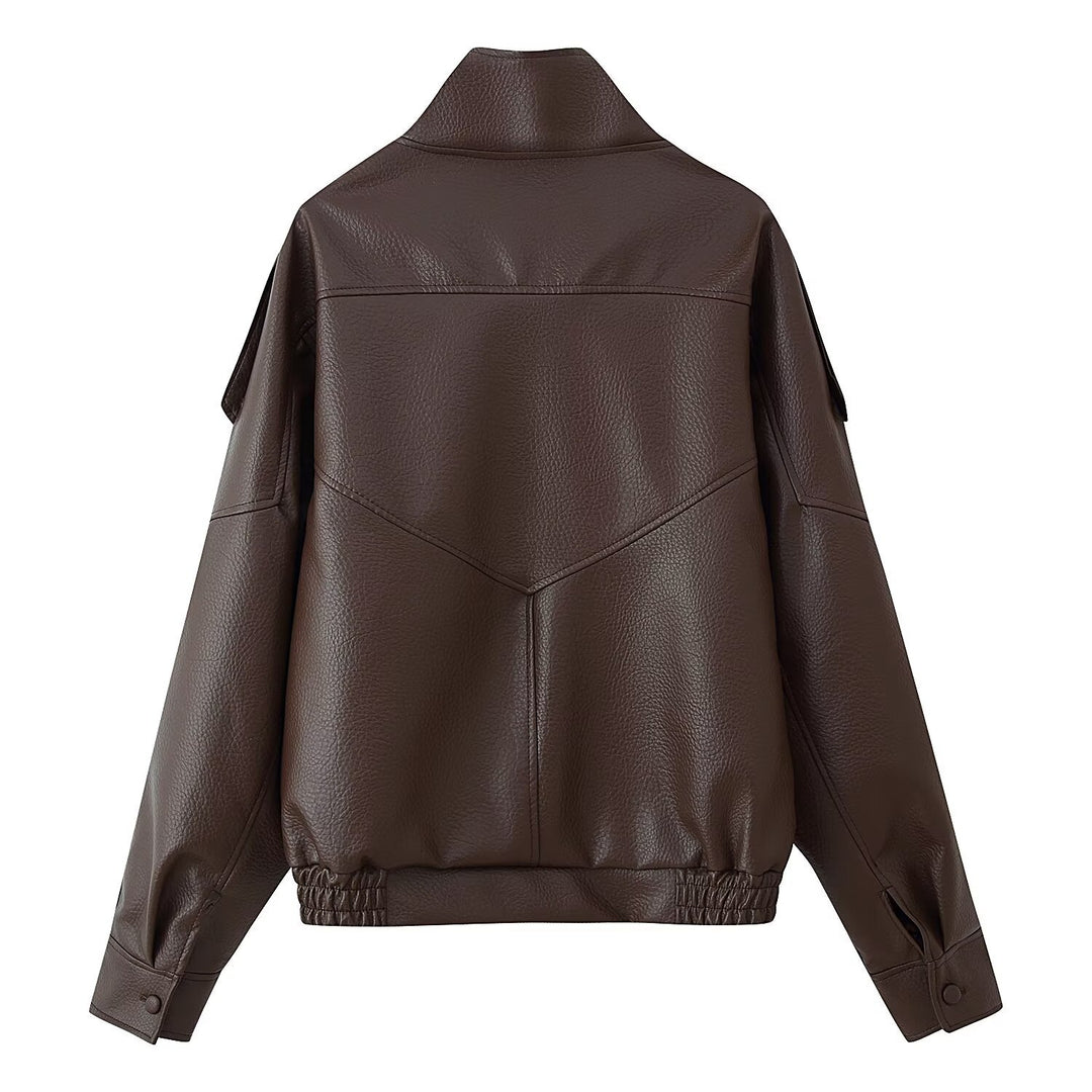 Damen Oversize Kunstlederjacke mit Hemdkragen und elastischem Saum Shop Nory