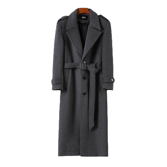 Herren Bodenlanger Einreihiger Wollmix-Mantel mit markantem Revers und Schulterriegel Shop Nory