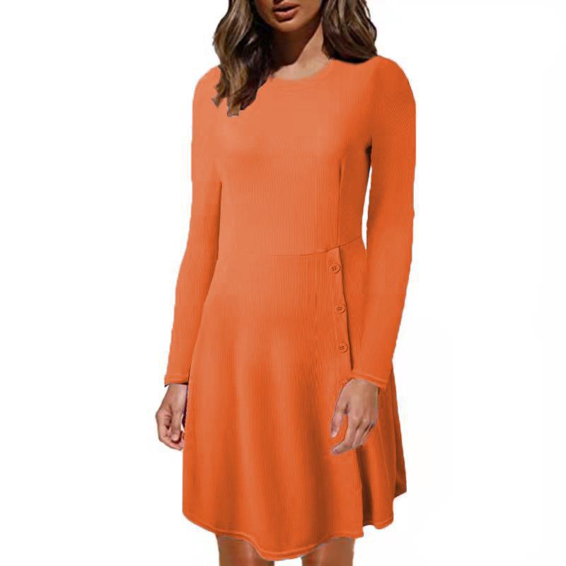 Damen Geripptes A‑Linien Kleid mit Rundhalsausschnitt, langen Ärmeln und seitlicher Knopfleiste Shop Nory