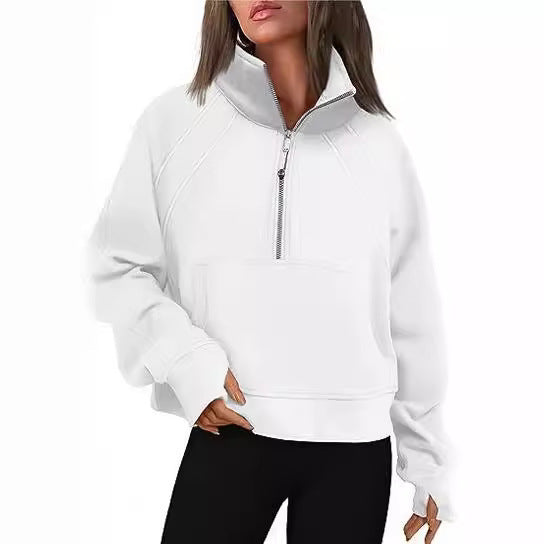 Damen sportlicher Hoodie mit kurzem Reißverschluss und praktischer Kängurutasche Shopnory