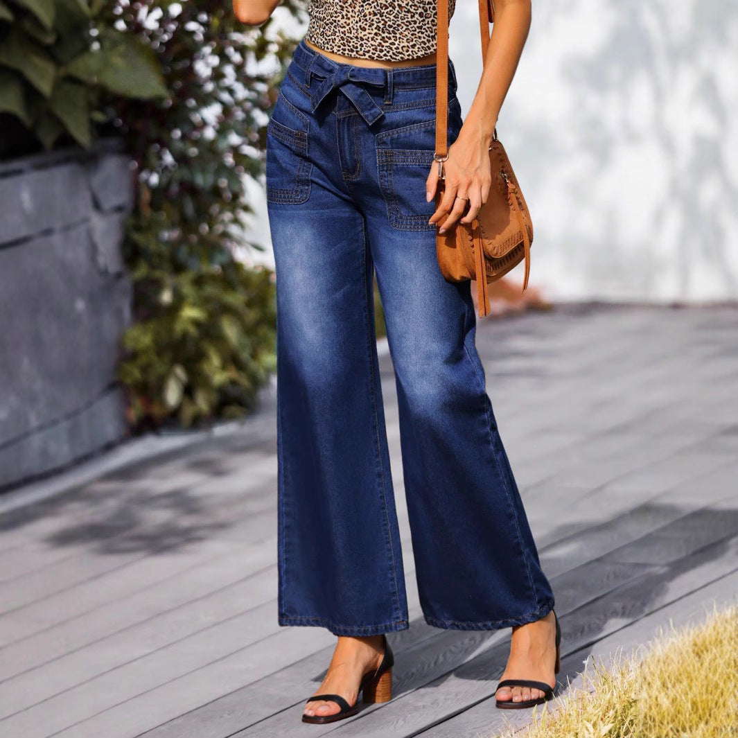 Damen Hochtaillierte weite Jeanshose mit Schleifenbund und aufgesetzten Taschen Shop Nory