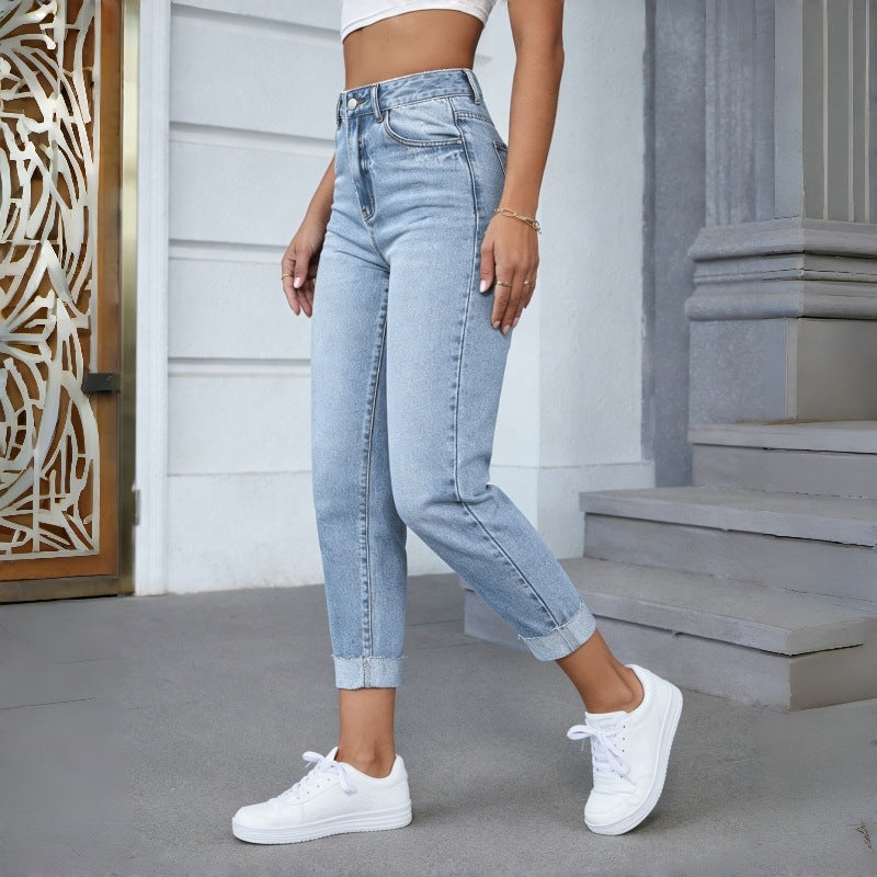 Damen Hochgeschnittene Jeans mit ausgefranztem Saum