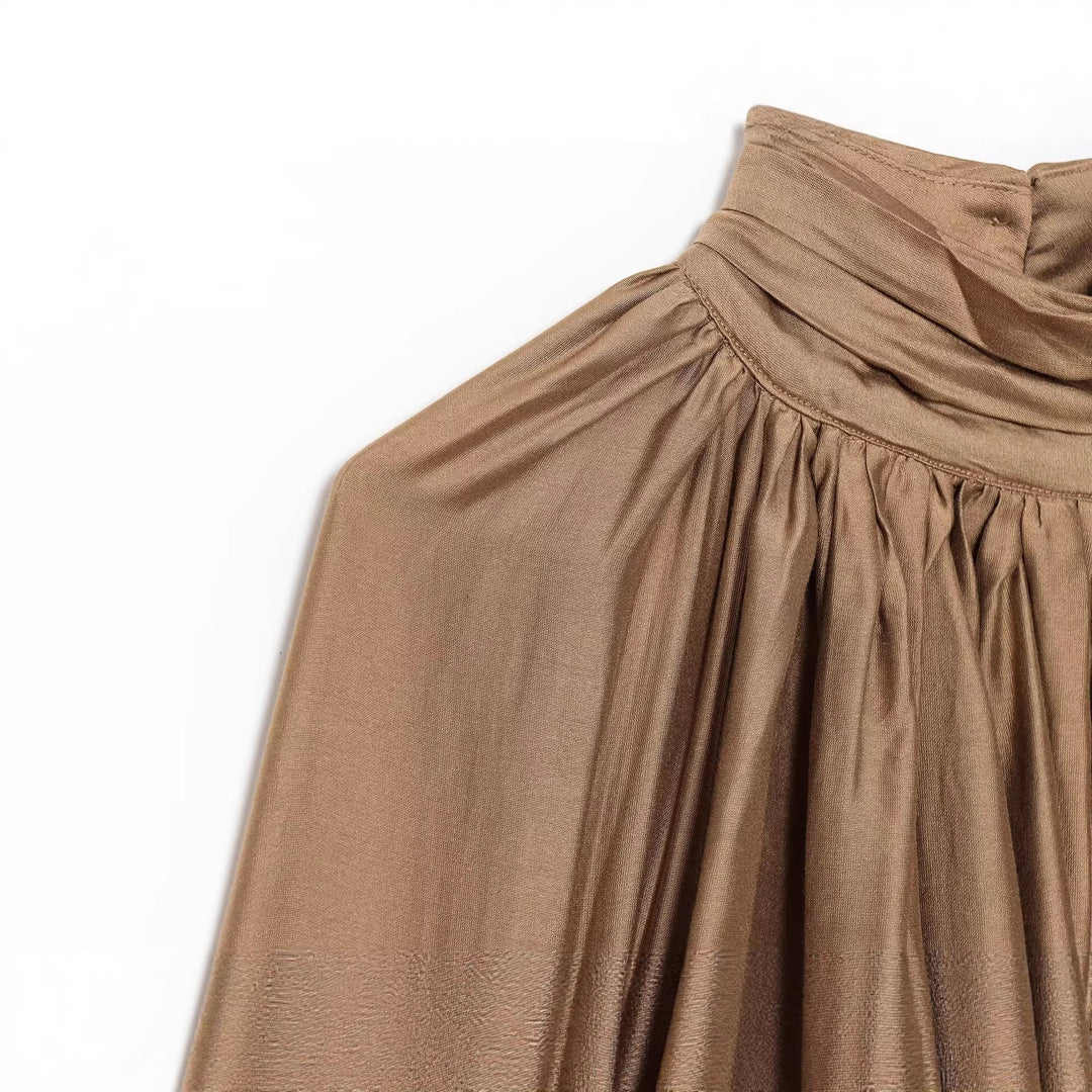 Damen Plissierte Satinbluse mit Stehkragen und Ballonärmeln Shop Nory