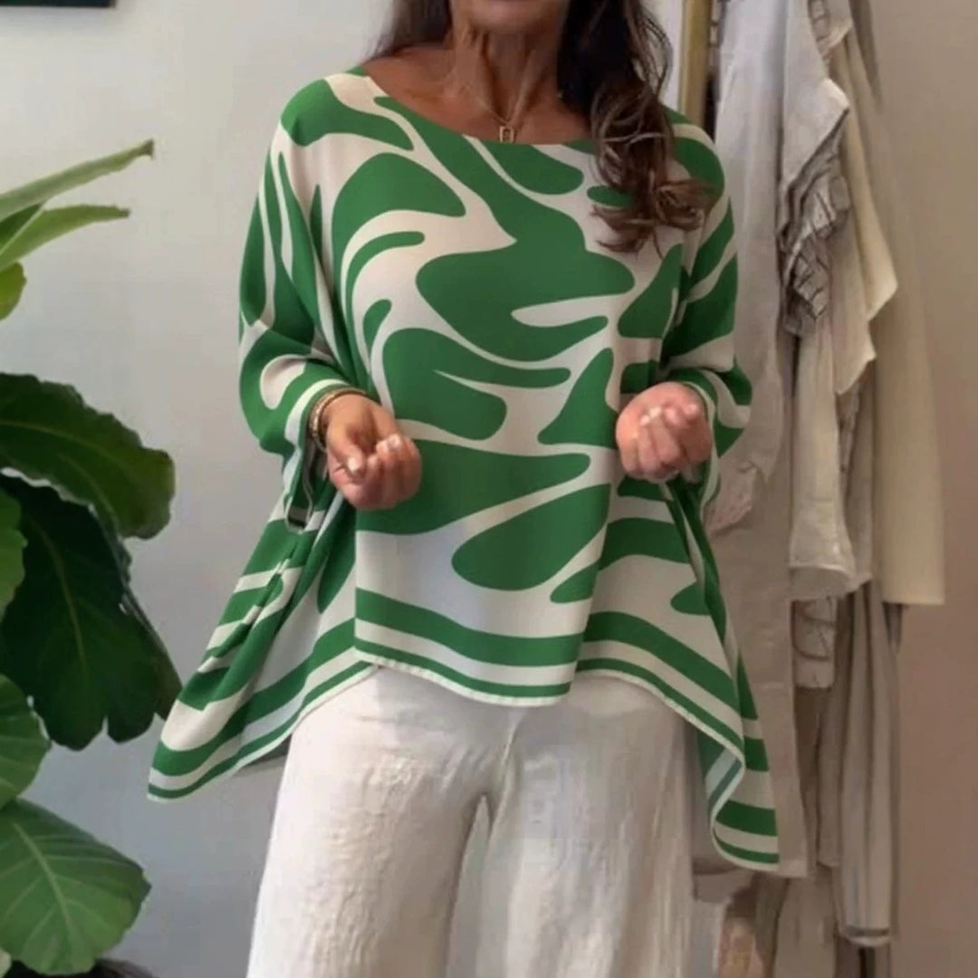 Damen Oversize Sommerbluse mit abstraktem Print, Fledermausärmeln und asymmetrischem Saum Shop Nory