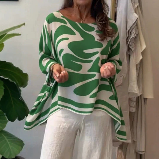 Damen Oversize Sommerbluse mit abstraktem Print, Fledermausärmeln und asymmetrischem Saum Shop Nory
