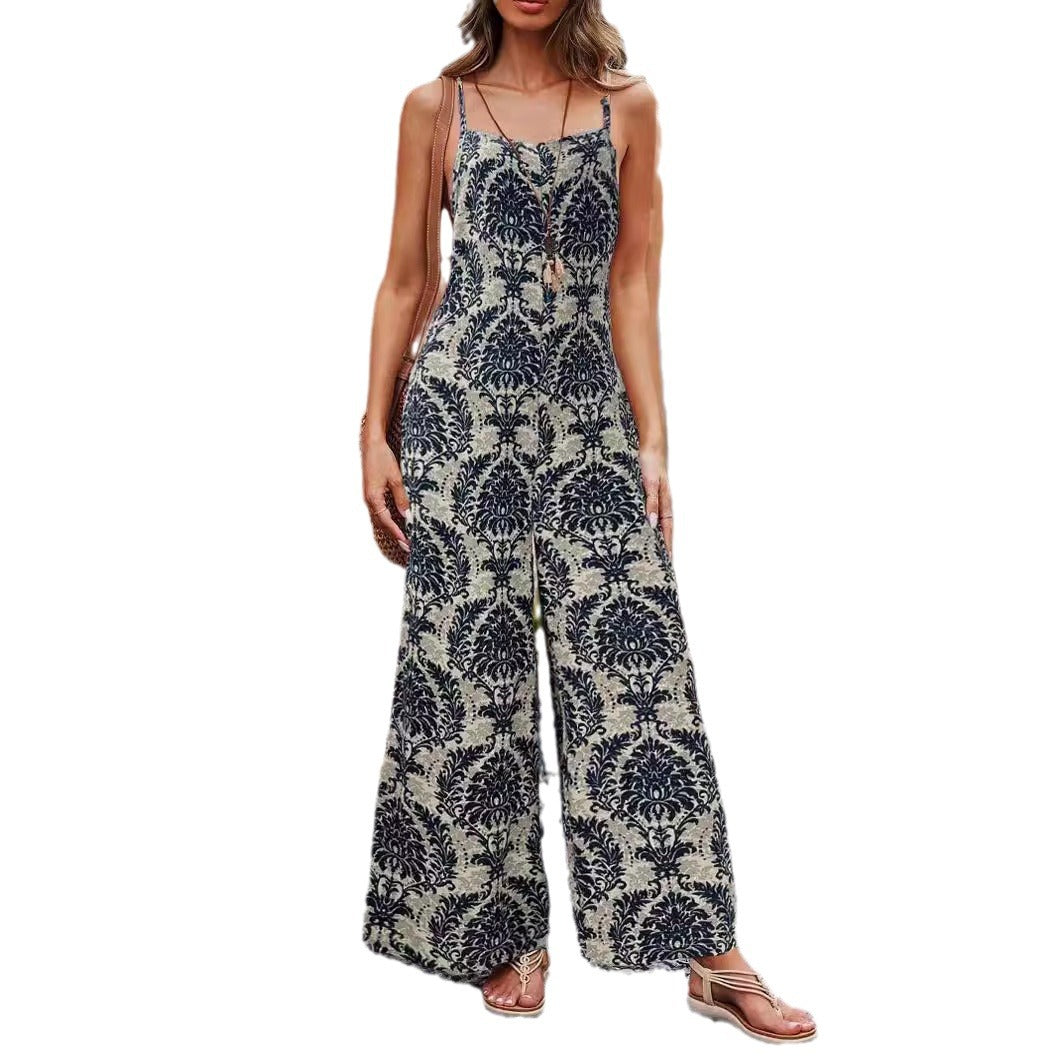 Damen Lässiger ärmelloser Jumpsuit mit weitem Bein, Spaghettiträgern und Paisley‑Print Shop Nory