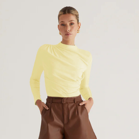 Damen Langarmshirt mit elegantem Wickeldesign und hochgeschlossenem Kragen