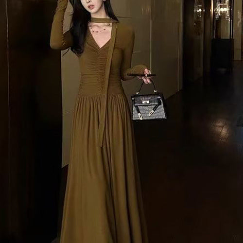 Damen elegantes Maxi-Kleid mit raffiniertem V-Ausschnitt und langen Ärmeln