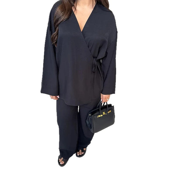 Damen Leichtes Loungewear Set mit Wickeljacke und weiten Haremshosen