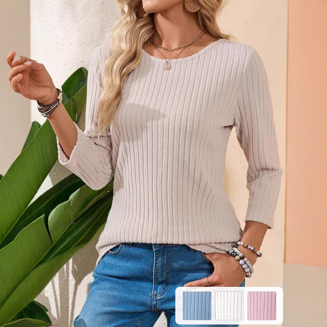 Damen Gerippter Feinstrickpullover mit dreiviertelärmeln und Rundhalsausschnitt Shop Nory