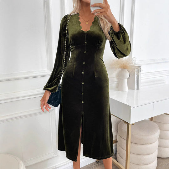 Damen Samt-Midikleid mit tailliertem Schnitt, geschwungenem Ausschnitt, Puffärmeln & Zierknopfleiste Shop Nory