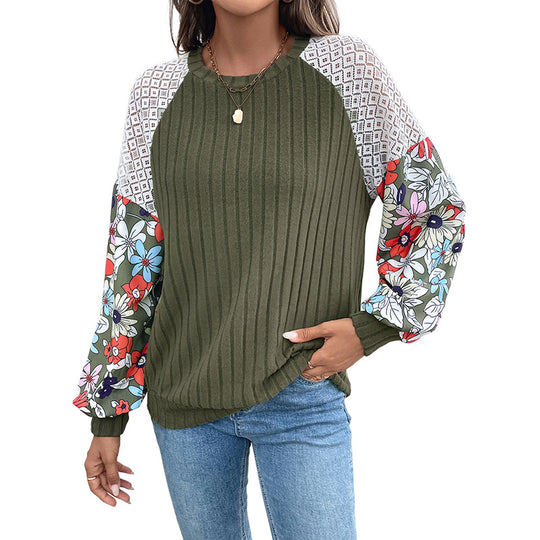 Damen Gerippter Strickpullover mit Häkel-Schulter & gShop Norylümten Ballonärmeln Shop Nory
