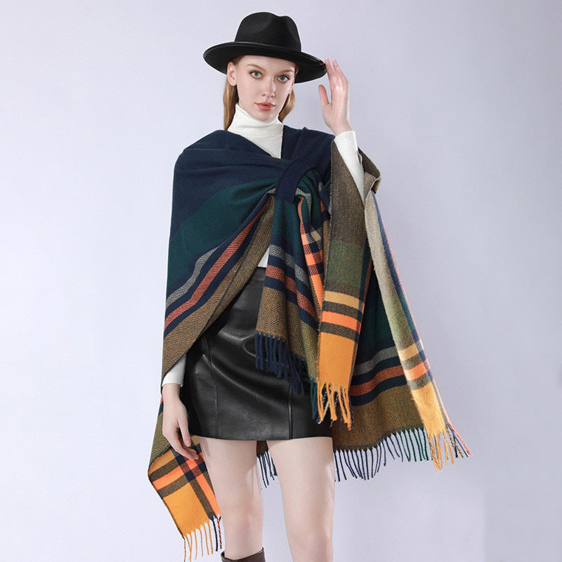 Damen Oversize‑Poncho‑Überwurf mit Tunnelzug, Karomuster und Fransensaum Shop Nory