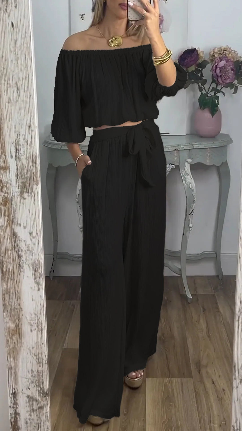 Damen Weites Hosenensemble mit raffiniertem Crop-Oberteil Shopnory
