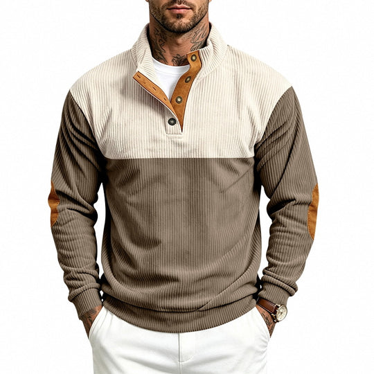 Herren Strukturierter Troyer-Pullover mit Stehkragen, Druckknopfleiste und Ellbogen‑Patches Shop Nory