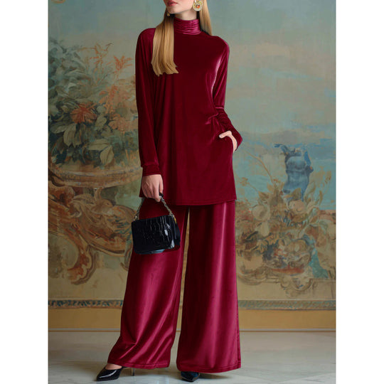 Damen Oversize-Samt-Set mit Rollkragen und weitem Palazzohose Shop Nory