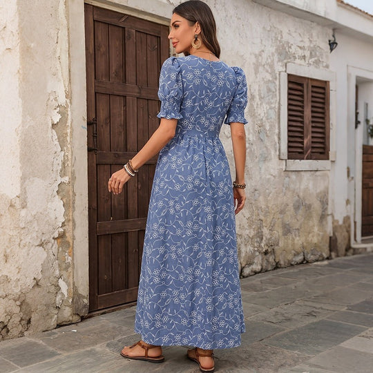 Damen Langes Leichtes Sommer-Maxikleid mit quadratischem Ausschnitt, Puffärmeln und floraler Stickoptik Shop Nory