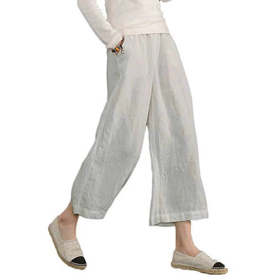 Damen weite Leinenhose mit seitlichen Taschen und elastischem Bund