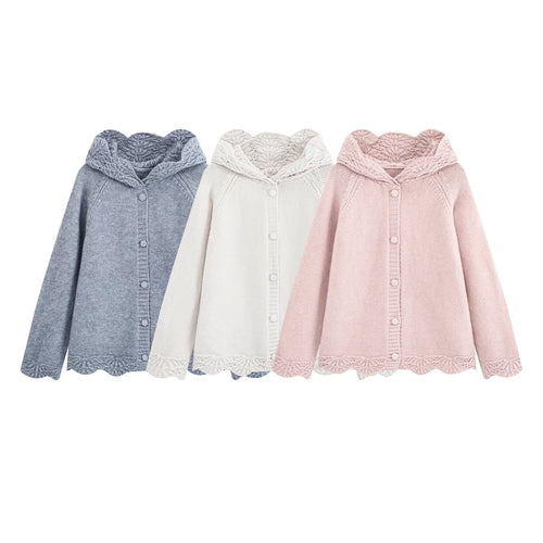 Damen Feinstrick-Cardigan mit Kapuze, Knopfleiste und gehäkelter Borte Shop Nory