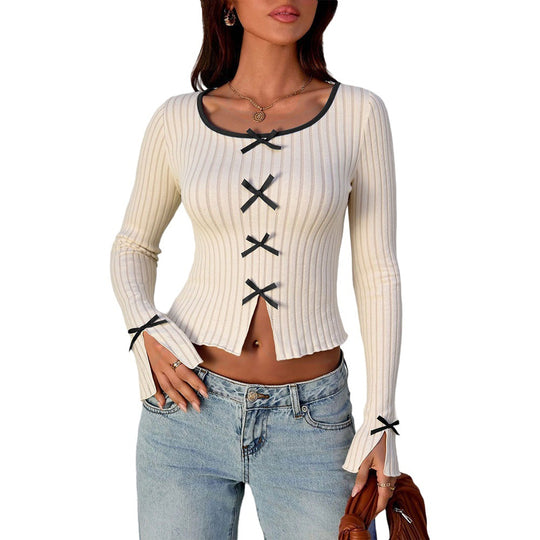 Damen geripptes Cropped-Strickjäckchen mit Zierschleifen, Wellensaum und geschlitzter Vorderpasse Shop Nory